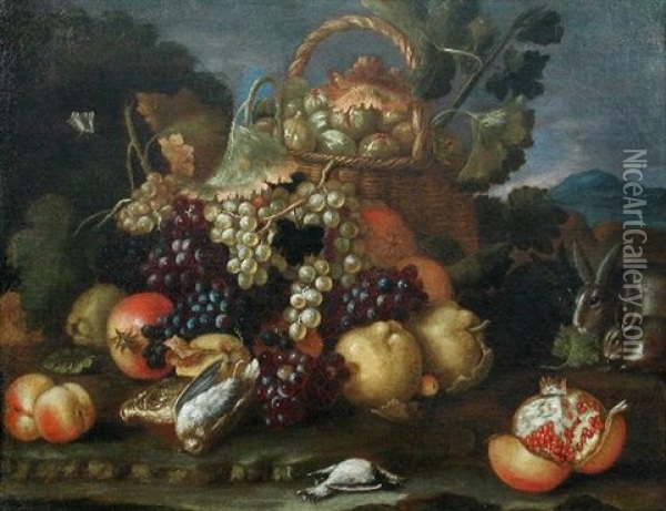 Still Life Of Grapes, Quinces, Pomegranates, Peaches, Figs In A Basket, Dead Birds And Rabbits In A Landscape Oil Painting - Jan Fyt