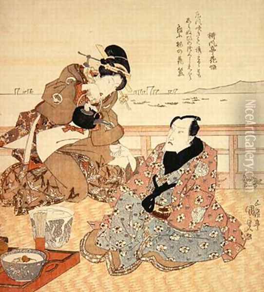 Onoe Kikugoro III taking tea at Shinagawa Oil Painting - Utagawa Kunisada
