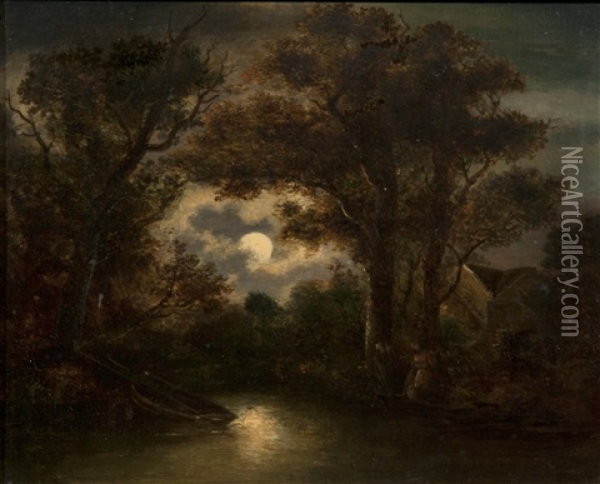 Moonlit River Scene Oil Painting - William Henry Crome