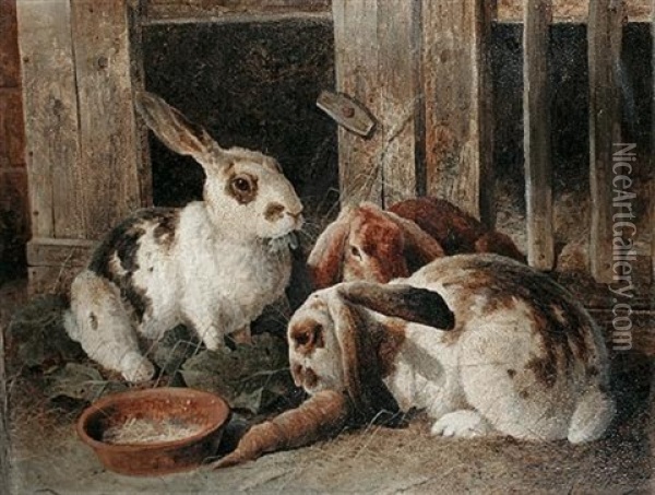 Three Rabbits By A Hutch Oil Painting - Frederick E. Valter