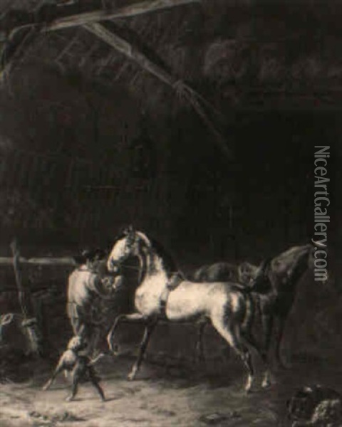 Horses In A Stable Oil Painting - Abraham Hendrik Winter
