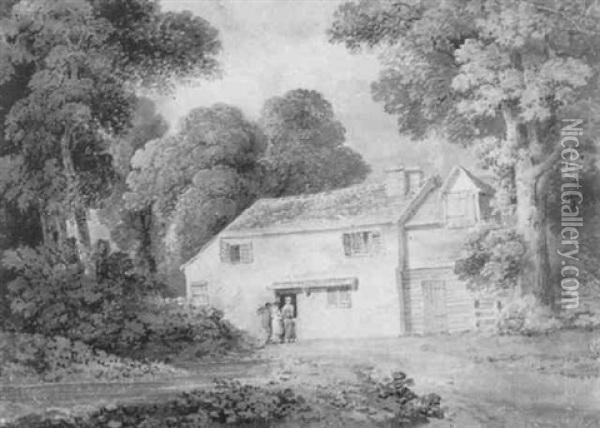 Figures Before A Woodland Cottage Oil Painting - James (Rev.) Bourne