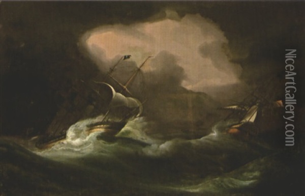 Pirate Ship And Prey In A Stormy Sea Oil Painting - Thomas Buttersworth