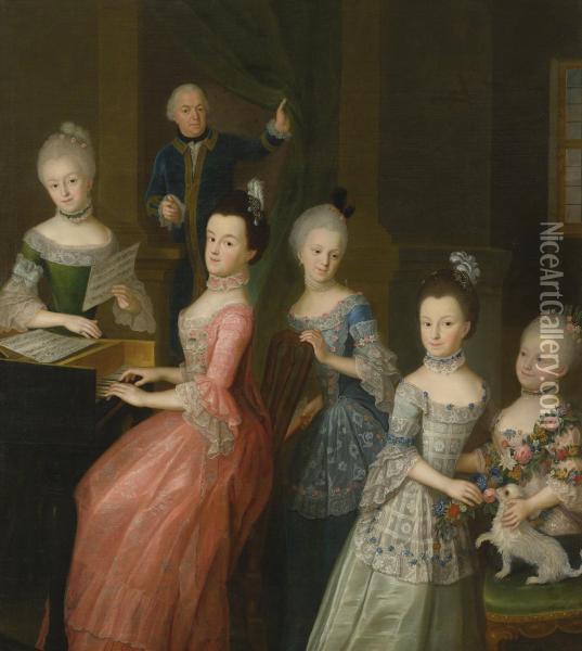 Portrait Of Count Johann Casemir Von Schlieben And His Five Daughters Oil Painting - Johann Gottlieb Becker