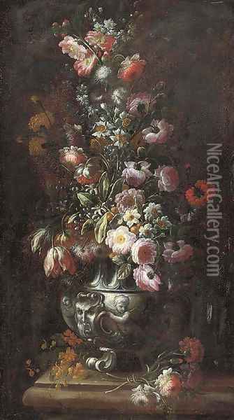Roses, carnations, tulips, morning glory, narcissi and other flowers in a sculpted urn on a ledge Oil Painting - Nicola Casissa