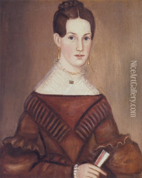 A Portrait Of A Dark Haired Young Woman Wearing A Brown Dress Oil Painting - Ruth Whittier Shute