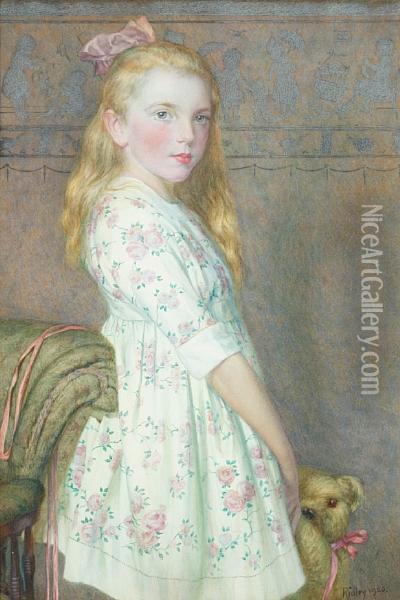 Portrait Of A Young Girl Standing In A Rose Printed Dress And Holding A Teddy Bear Oil Painting - Edward Ridley