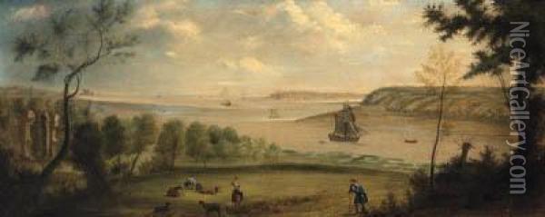 A Traveller Resting In The Grounds Of Broke Hall, Suffolk, With Shipping On The Estuaries Of The River Orwell And Stour, With Harwich Beyond Oil Painting - Charles, Catton Jnr.