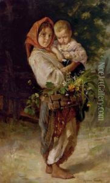 Peasant Girl With Child And Basket Oil Painting - Lukijan Popoff