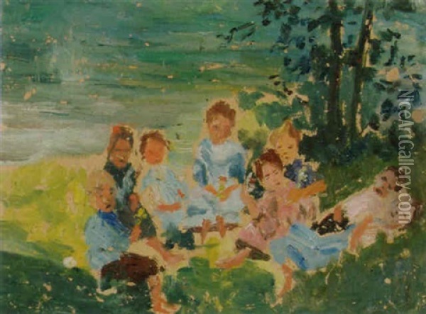 Sitzende Gruppe In Der Landschaft Oil Painting - Ernst Traugott Schiess