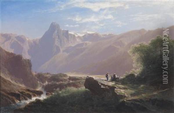 Mountain Scenery With Human And Animal Figures Oil Painting - Leopold Heinrich Voscher