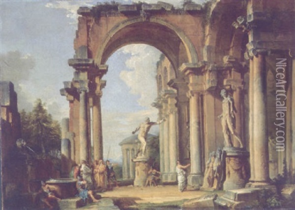A Ruined Loggia With Figures Conversing By The Borghese Gladiator And The Apollo Belvedere, The Basilica Of Maxentius And The Temple Of Vesta Beyond Oil Painting - Giovanni Paolo Panini