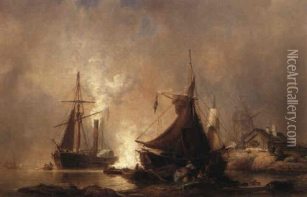Fartyg Vid Kust Oil Painting - Johann Christian Berger