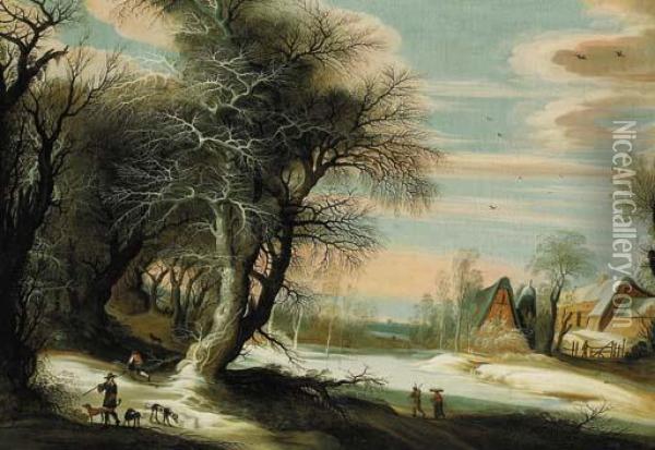 A Winter Landscape With A Barn And Travellers Passing Through, A City Beyond Oil Painting - Gijsbrecht Leytens