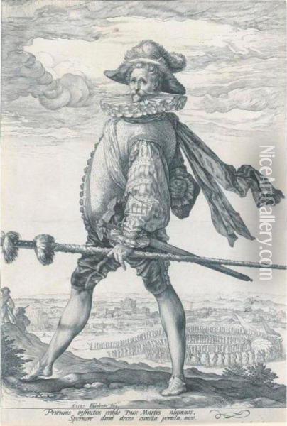 The Captain Of The Infantry Marching To The Left (b. 126; H. 254; S. 252) Oil Painting - Hendrick Goltzius