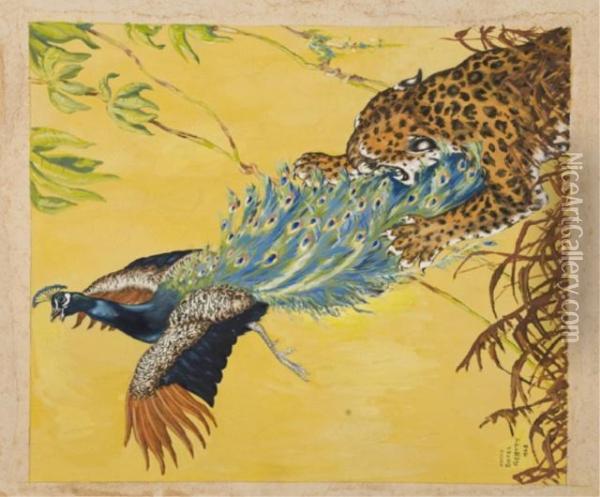 Jaguar And Peacock Oil Painting - Jacob Bates Abbott