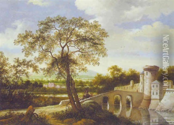 A River Landscape With Drovers Crossing A Bridge By A Fortified Town Oil Painting - Johannes (Il Pennito) Penninks