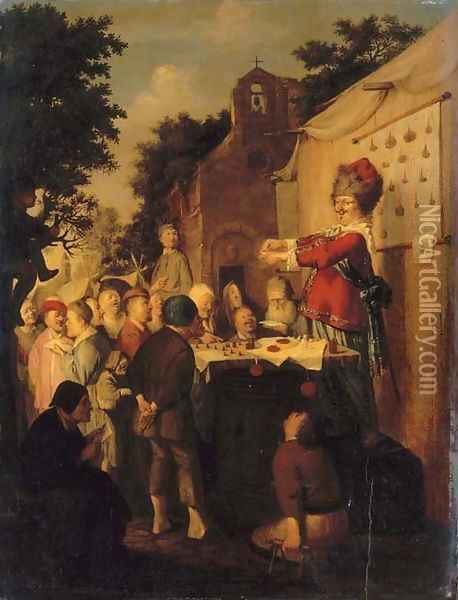 A mountebank at his stand in a rural fair, with a church beyond Oil Painting - Joachim Van Den Heuvel