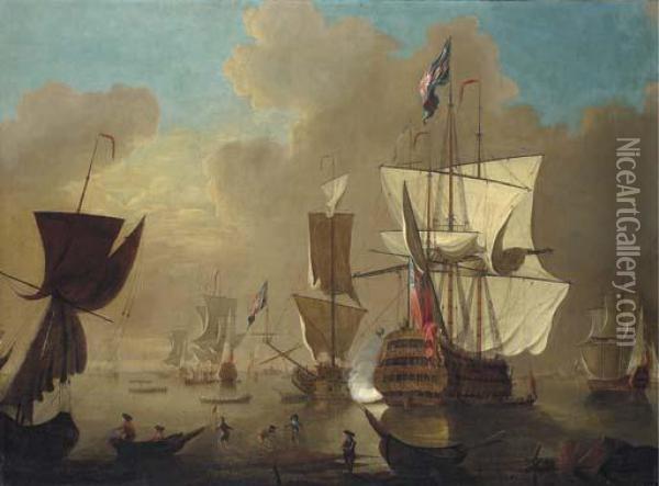 A First Rate Man-o'war, Firing A Salute From Her Position Within Anoffshore Anchorage Oil Painting - Thomas Leemans