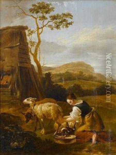 A Peasant Girl Milking A Goat Oil Painting - Jan Baptist Wolfaerts