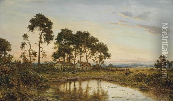 Cottages Beside A Pool At Dusk Oil Painting - Benjamin Williams Leader