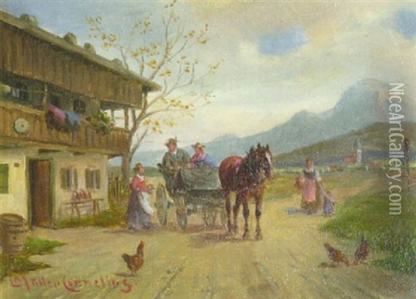 Halt Einer Pferdekutsche Vor Dem Bauernhaus Oil Painting - Ludwig Mueller-Cornelius