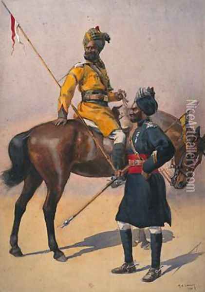 Soldiers of the 1st Duke of Yorks Own Lancers Skinners Horse Hindustani Musalman and 3rd Skinners Horse Musalman Rajput Oil Painting - Alfred Crowdy Lovett