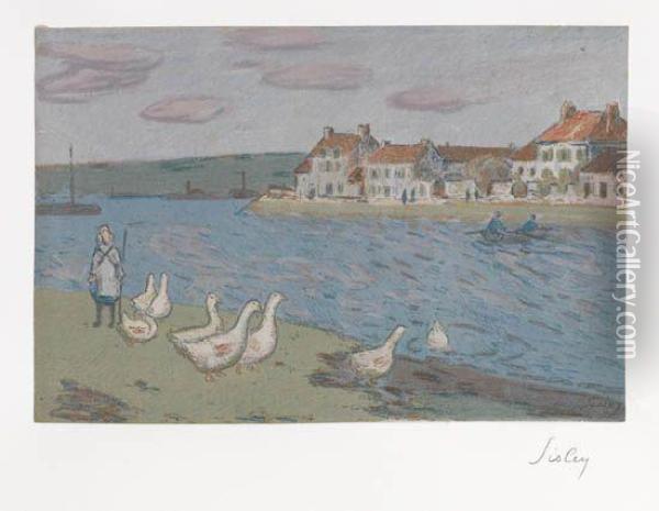 Les Bords De Riviere (les Oies) Oil Painting - Alfred Sisley