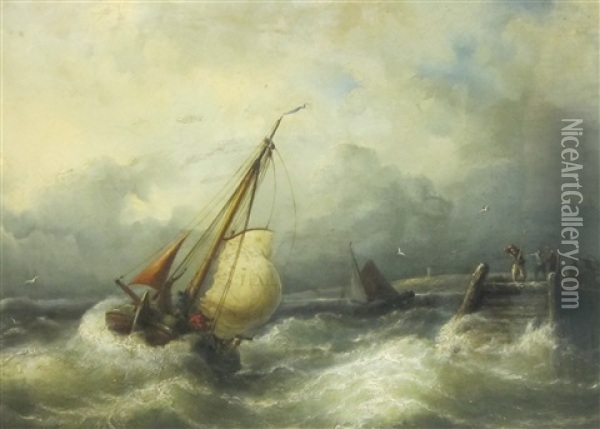 Fishing Vessels Off A Harbour Wall In A Storm, Possibly At Texel Oil Painting - Nicolaas Riegen