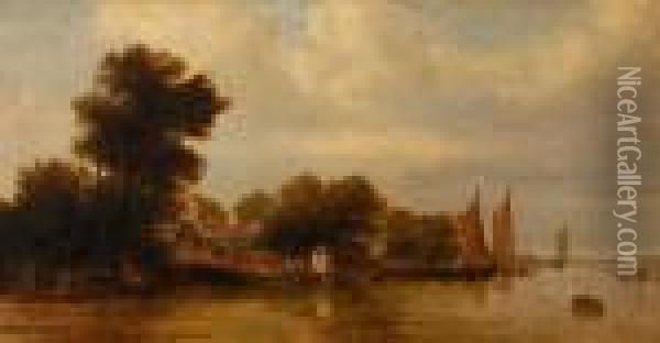 Boats On The River By A Thatched Cottage Oil Painting - John Crome