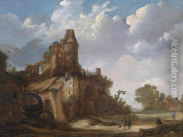 Travellers In A Landscape Oil Painting - Roelof van Vries