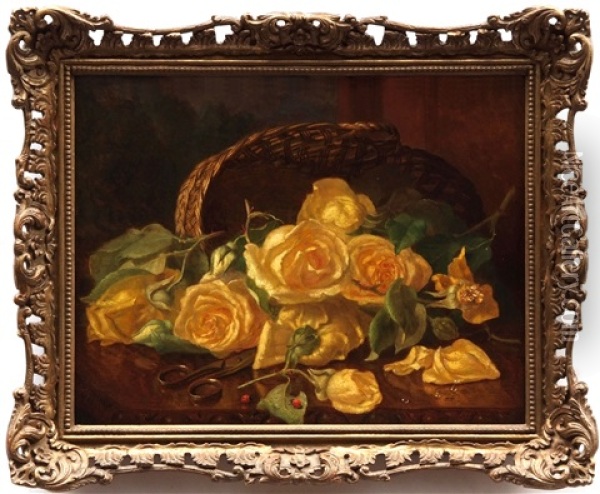Still Life Study Of Yellow Roses, Scissors, Ladybirds And A Basket Oil Painting - Eloise Harriet Stannard