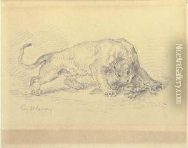 A Lioness Attacking A Crocodile Oil Painting - Eugene Delacroix