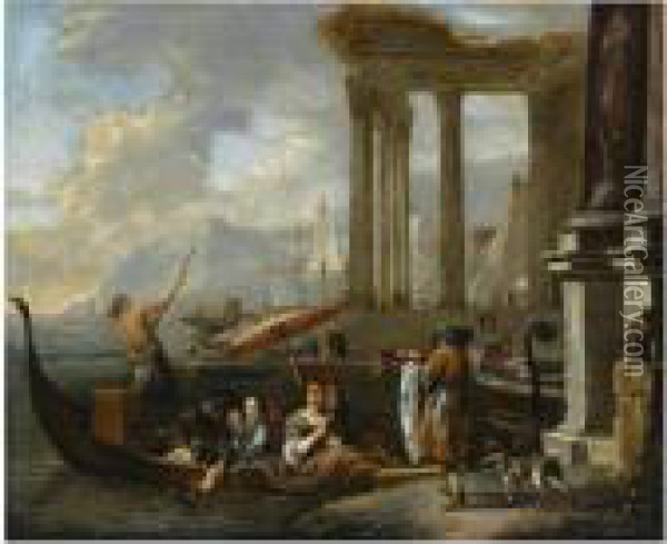 A Mediterranean Harbour Scene With An Elegant Lady Arriving In A Gondola Oil Painting - Jan Baptist Weenix