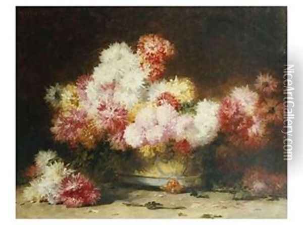 Chrysanthemum And Other Flowers In A Bowl Oil Painting - Achille Zo
