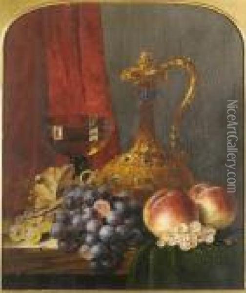 Still Life With Assorted Fruit, A Jug And A Glass Of Wine, On A Ledge Oil Painting - Edward Ladell