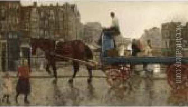 A Horse-drawn Cart Crossing The Eenhoornsluis On The Korte Prinsengracht, Amsterdam Oil Painting - George Hendrik Breitner