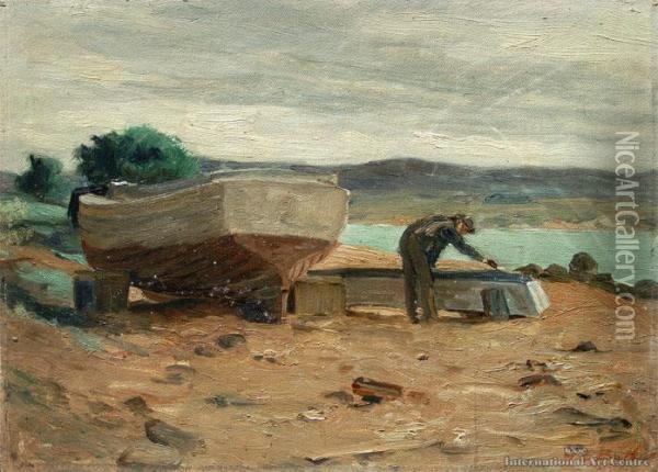 Repairing Boats, Moeraki Oil Painting - George Edmund Butler