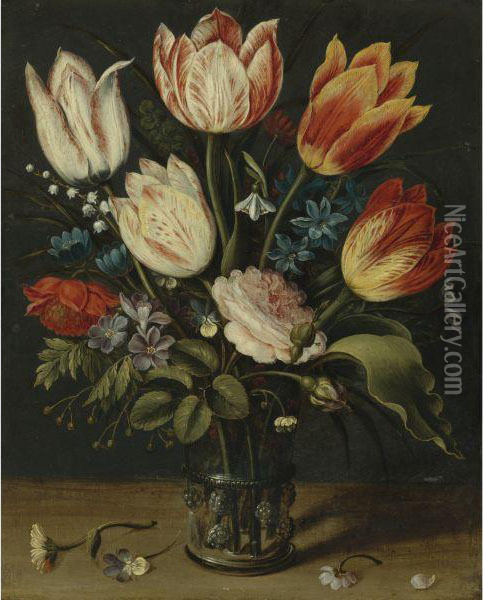 Still Life Of Tulips And Other Flowers In A Glass Vase Oil Painting - Andries Daniels