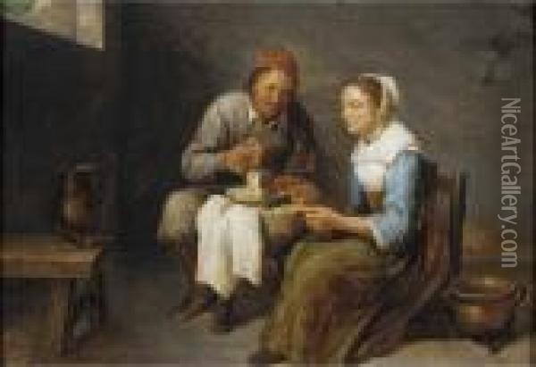 A Couple Sitting And Having A Meal Oil Painting - Gillis van Tilborgh