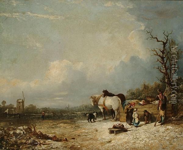A Family Resting In A Winter Landscape Oil Painting - Thomas Smythe