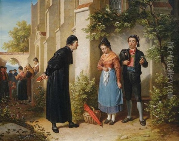 Die Versaumte Predigt - Ein Junges Paar Wird Vom Pfarrer Zurechtgewiesen Oil Painting - Franz Schams