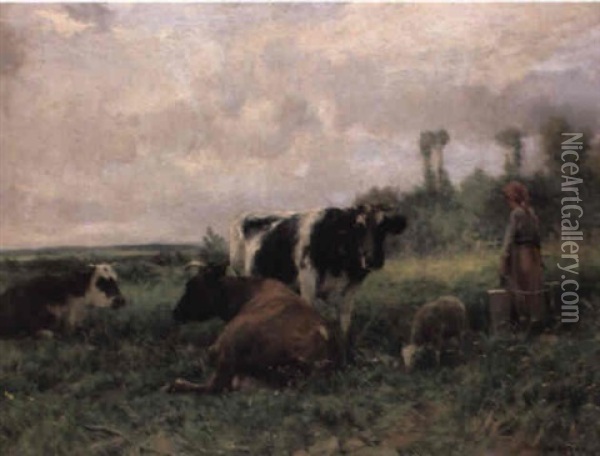 A Milkmaid With Cattle In A Landscape Oil Painting - Julien Dupre