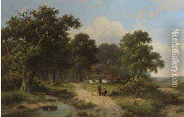 Peasants Resting By A Stream At The Edge Of A Forest Oil Painting - Hendrik Pieter Koekkoek