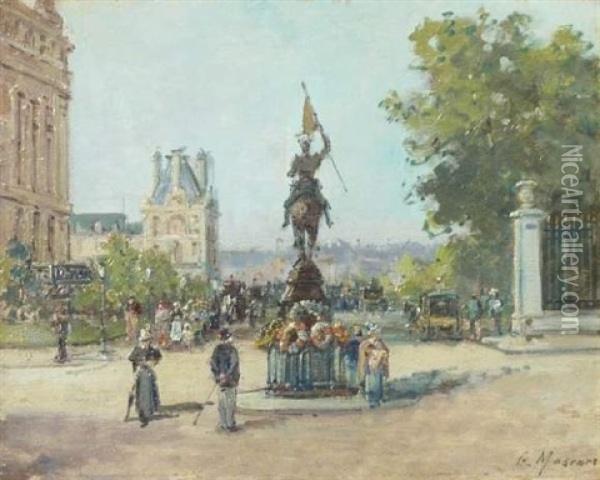La Statue De Jeanne D'arc Par Fremiet, Place Des Pyramides Oil Painting - Gustave Mascart