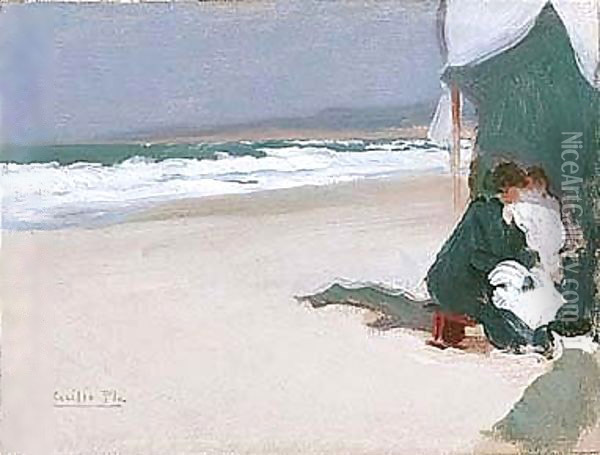Mujer Y Nino En La Playa (Mother And Child On The Beach) Oil Painting - Cecillio Pla Y Gallardo