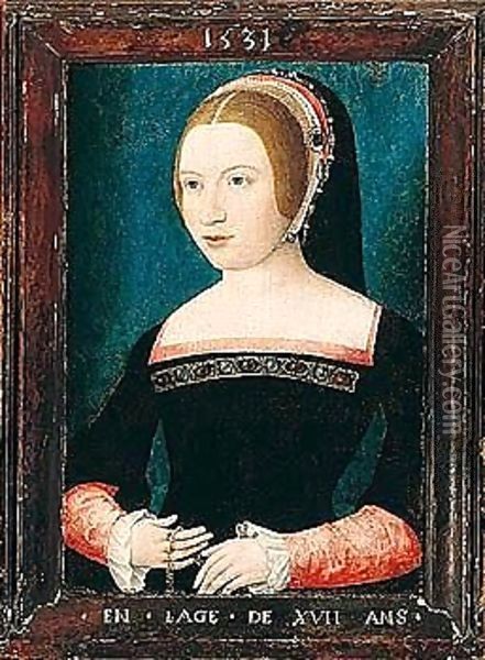Portrait Of A Young Woman Holding A Chain Oil Painting - Unknown Painter
