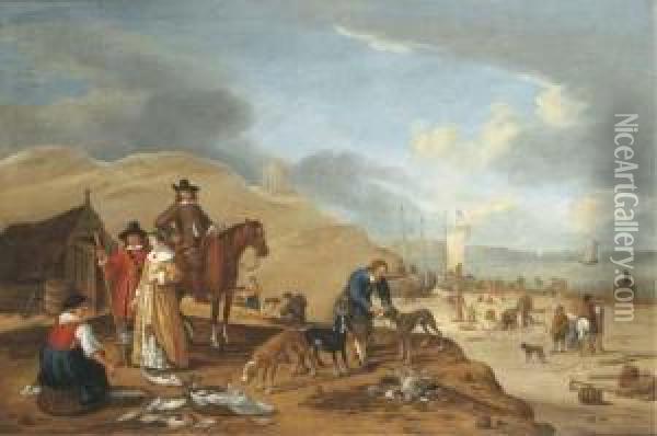 A Coastal Landscape With Elegant Company By A Fish Stall On Abeach Oil Painting - Cornelis Beelt
