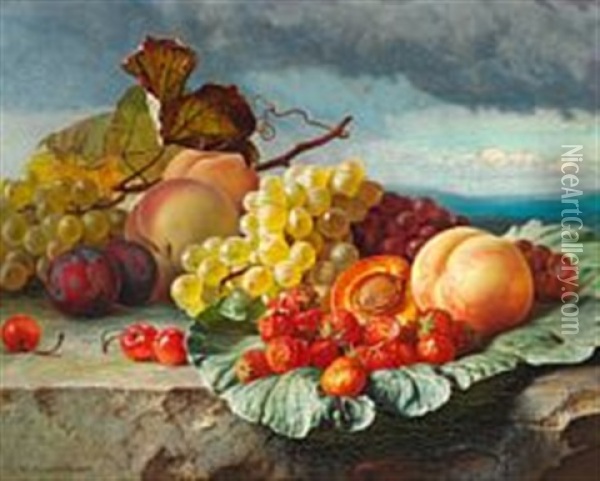Still Life With Peaches, Plums, Cherries, Strawberries And Grapes On A Sill Oil Painting - Theude Groenland