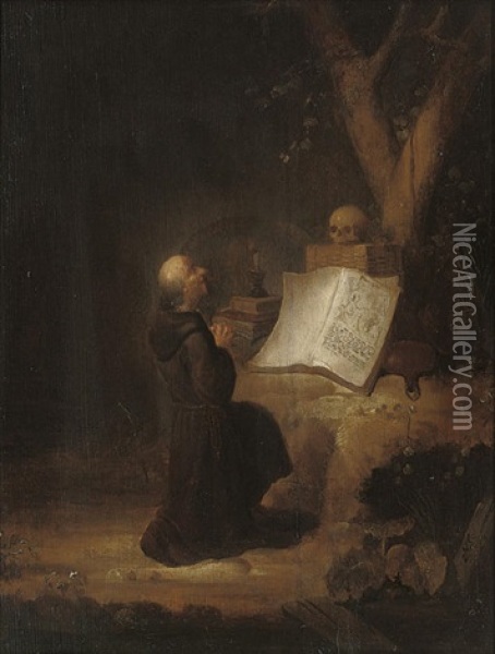 A Hermit Monk At Prayer In A Landscape Oil Painting - Jan Adriaensz van Staveren